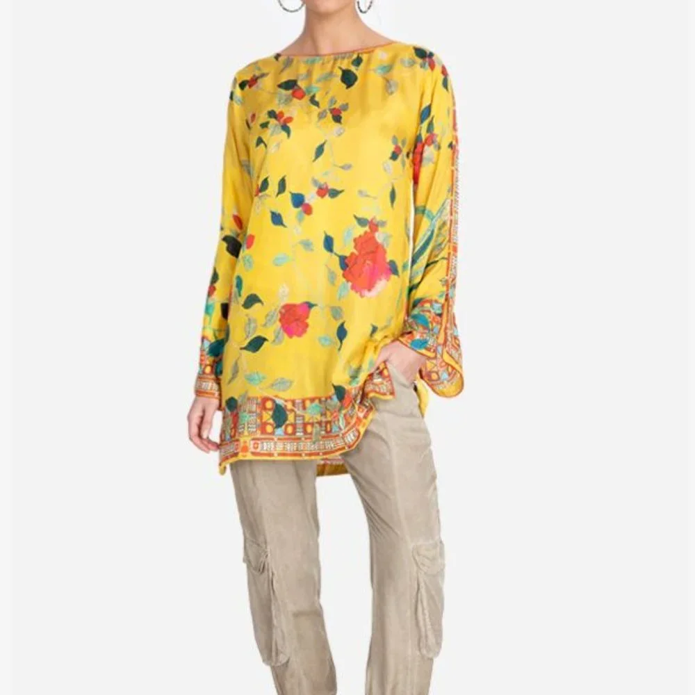 NWT Johnny Was Silk Sellio Long Tunic Yellow Medium